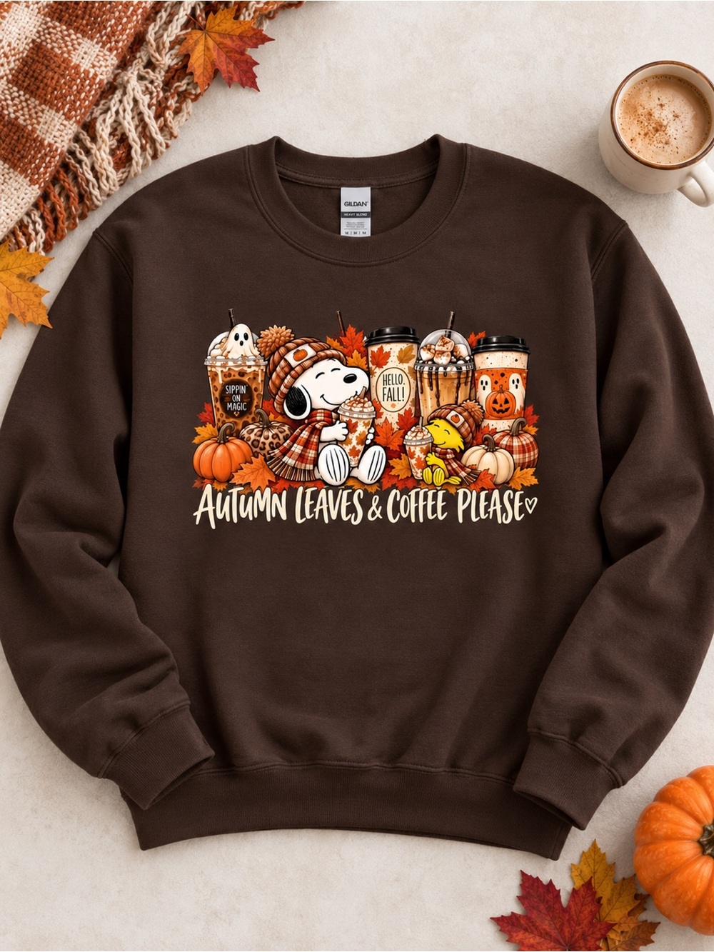 Gildan Brown Crewneck Sweatshirt with Dog Fall & Coffee Graphic
